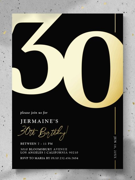 Elegant Thirty 30th Birthday Party Foil Invitation
Real foil black and gold 30th birthday party invitations featuring the number '30' in a large bold serif font, and a modern invite template that is easy to personalize! #birthday #happybirthday #birthdaycards #birthdayparty #thirties #thirtybirthday #elegant Black Birthday Invitations, 30 Birthday Invitation, Black Tie Birthday Party, Gold 30th Birthday, Picnic Party Decorations, Black And Gold Invitations, Event Invitation Design, Grand Opening Invitations, 30th Birthday Party Invitations