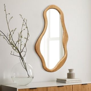 Natural Pine Wood Frame Oval Wall Mirror, Bathroom Wall Mirror - 39.4" H x 22" W x 1.38" D - Bed Bath & Beyond - 40011093 Wall Mirror Without Frame, Irregular Wall Mirror, Organic Mirror Shape, Japandi Mirror, Asymmetrical Bathroom, Aesthetic Hallway, Minimal Mirror, Scandinavian Mirror, Room Mirrors