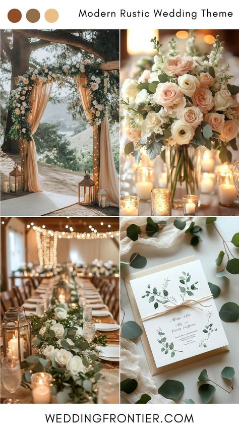 Modern rustic wedding themes blending chic style with natural elements. Dreamy Rustic Wedding, April Rustic Wedding, June Rustic Wedding Colors, September Wedding Ideas Rustic, September Wedding Rustic, Classy Farmhouse Wedding, Wedding In Spring Ideas, September Vineyard Wedding, Winery Wedding Inspiration