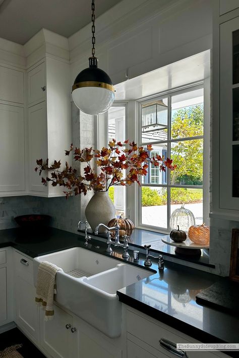 Fall Kitchen - The Sunny Side Up Blog Kitchen Window With Shelf, Picture Window Over Kitchen Sink, Bay Window Behind Kitchen Sink, Kitchen Sink Window Bump Out, Window Over Kitchen Sink Ideas, Sink Window Shelf, Behind Kitchen Sink Decor, Kitchen Window Bump Out, Over Kitchen Sink Ideas