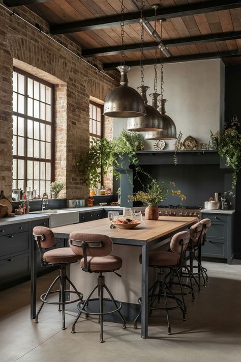 Rustic kitchen with brick walls, large windows, wood and metal island, industrial pendant lights, and greenery accents. Industrial Kitchen Living Room, Kitchen Design Industrial Style, Wood And Dark Kitchen, Dark Industrial Aesthetic, Industrial Style Kitchen Ideas, Industrial Office Kitchen, Industrial Kitchen Interior, Industrial Kitchen Design Ideas, Industrial Rustic Kitchen