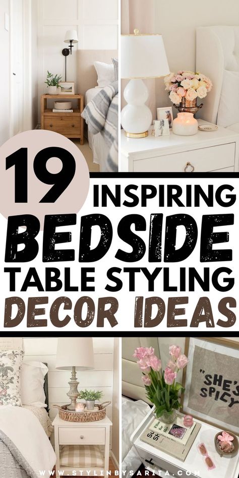 bedroom side table decor ideas How To Decorate Bed Side Tables, How To Decorate A Nightstand Ideas, Small Night Stands Bedside Tables, 2 Nightstand Decor, Top Of Nightstand Decor, Dark Nightstand Decor, Nightstand Plant Decor, Small Bedside Table Decor, Pictures Above Nightstand