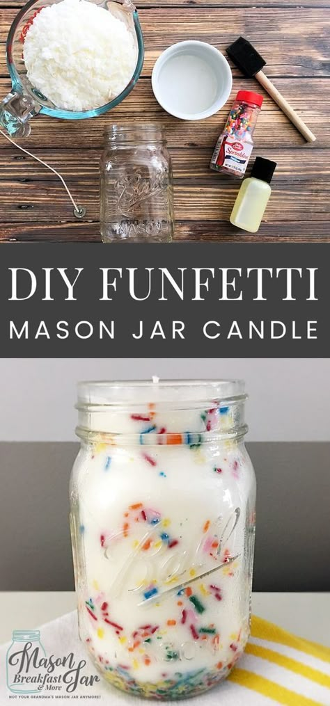 DIY Funfetti Soy Mason Jar Candles make fun centerpieces for birthday parties, easy homemade gift ideas, pretty home décor accessories, and delicious smelling air fresheners. You can whip up these Mason jar soy candles in minutes (not counting the time it takes for the wax to harden). Feel free to customize these homemade Mason jar candles with different color sprinkles and/or your favorite scents. Simple Homemade Gifts, Diy Mason Jar Ideas, Recipes In A Jar, Christmas Gift Ideas Diy, Dollar Diy, Diy Mason Jar Crafts, Hadiah Diy, Easy Homemade Gifts, Christmas Gifts Diy