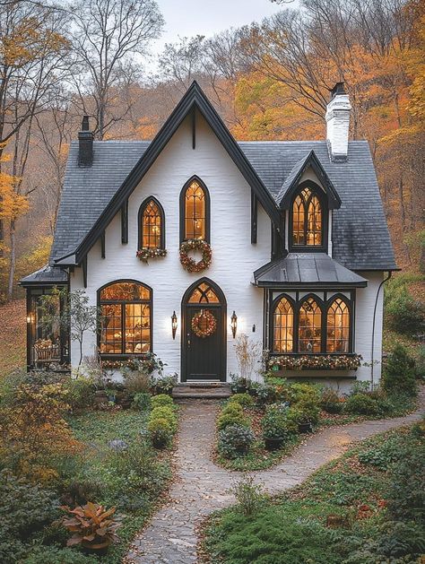 Dream House Drawing, Winter Gothic, Gothic Cottage, Fairytale Houses, Fantasy Houses, Valley Cottage, Cottage Exteriors, Storybook Homes, Witch Cottage