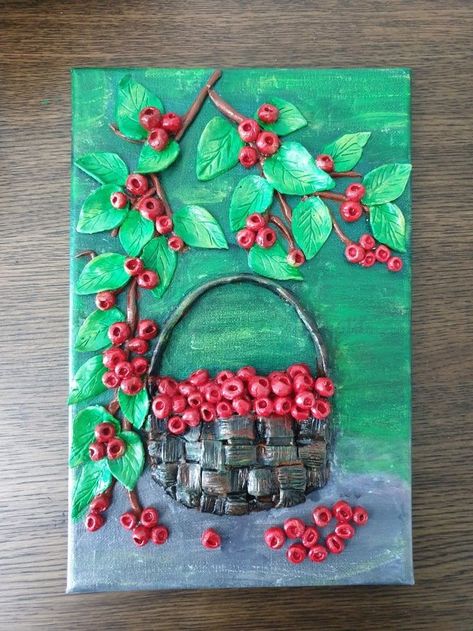 Painting With Modeling Clay, Air Dry Clay Art On Canvas, Air Dry Clay Art Ideas On Canvas, Air Dry Clay Painting On Canvas, Clay Art On Canvas Easy, Clay Wall Art Air Dry On Canvas, Clay Fruit Basket, Air Dry Clay Canvas Art, Clay Mural Art On Canvas