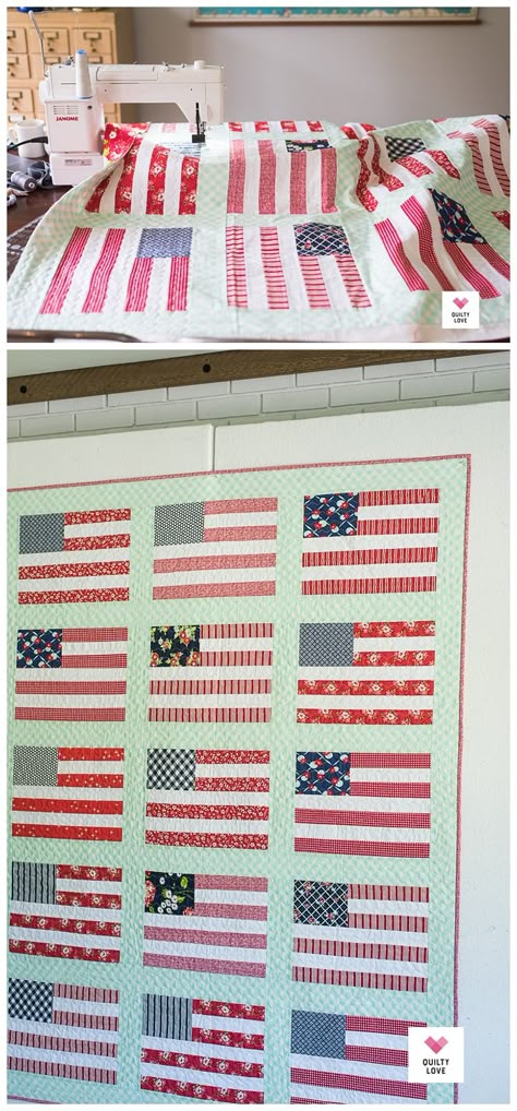 American Flag Quilts Ideas, Scrappy Patriotic Quilts, Flag Quilts American Pattern, American Flag Quilt Pattern, Stars And Stripes Quilt, American Flag Quilt Pattern Free, Flag Quilt Pattern Free, Fourth Of July Quilt, Veteran Quilts