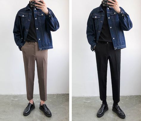 Jeans Jacket Style Men, Turtle Neck And Jacket Outfit, Black Slim Pants Outfit, Dark Blue Jacket Outfits Men, Dark Denim Jacket Outfit Men, Jacket Jeans Outfit Men, Dark Blue Denim Jacket Outfit Men, Black Oxford Shoes Outfit Men, Styling A Denim Jacket