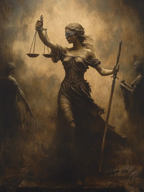 Step into the realm of timeless power and fairness with this haunting portrayal of Lady Justice, holding the scales and sword with unwavering resolve. The earthy tones and ethereal aura make this piece perfect for those who appreciate the symbolism of justice and the pursuit of truth. 💫✨ #LadyJustice #Balance #JusticeArt #Symbolism #TimelessTruth... Balance Collage Art, God Of Justice Fantasy Art, Scales Of Justice Aesthetic, Painting Ideas For Sketchbook, Justice Graphic Design, Lady Justice Drawing, Greek Oil Painting, Lawyer Art Wallpaper, Lady Justice Art