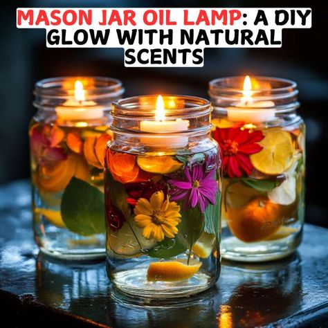 Mason Jar Oil Lamp: A DIY Glow with Natural Scents Diy Oil Lamps Mason Jars, Homemade Oil Lamps Diy, Oil Candles In Mason Jars, Scented Mason Jar Candles Diy, Fairy Light Mason Jars, Mason Jar Candles Diy, Diy Oil Lamp, Mason Jar Oil Lamp, Candle Color Meanings Magic