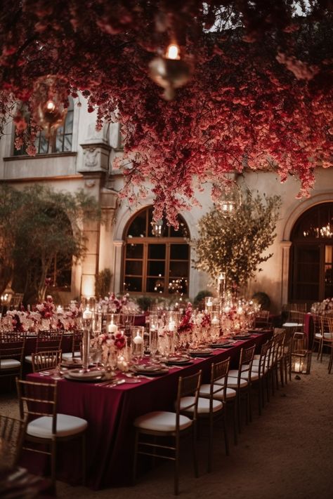 Burgundy Table Cloth Wedding Reception, Dark Red Flowers Wedding, Maroon Reception Decor, Red Wine Theme Wedding, Fall Wedding Ballroom, Red Theme Wedding Reception, Romantic Wedding Style Decor, Red Color Wedding Theme, Mahogany Wedding Theme