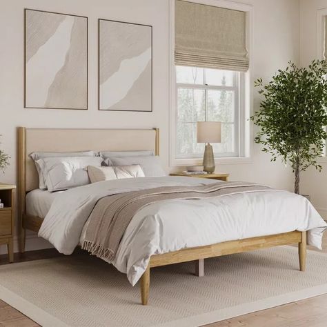 Wade Logan® | Wayfair North America Boucle Headboard, Headboard Bed Frame, Headboard Bed, Wood Bed Frame, Solid Wood Bed, Living Room Scandinavian, Scandinavian Living, Upholstered Bed Frame, Wood Beds