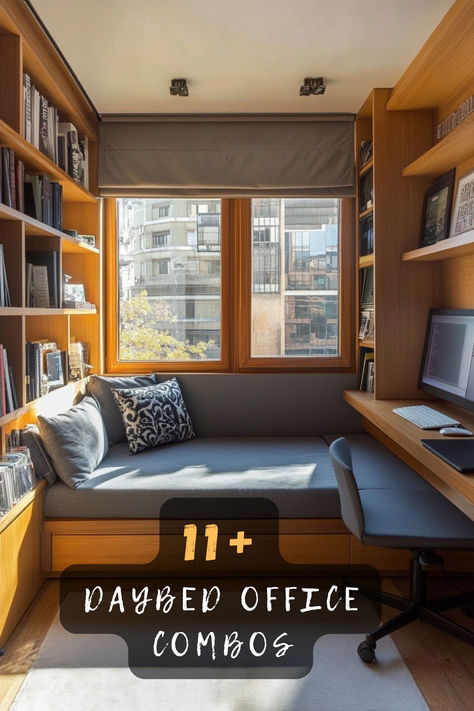 Make the most of your small space with these 11 daybed and office combo ideas! Smart designs that balance comfort and productivity beautifully. 🛋️✨ #SmallSpaceDesign #DaybedOfficeIdeas #FunctionalWorkspaces #CozyInteriors #HomeOfficeGoals #GuestRoomInspo #MultiPurposeRooms Home Office Pull Out Couch, Small Office Sofa Ideas, Tiny Office With Bed, Small Home Office With Sofa Bed, Daybed For Office, Tiny Guest Room Office Combo, Den And Guest Room Combo, Office With Guest Bed, Guestroom Home Office Combo