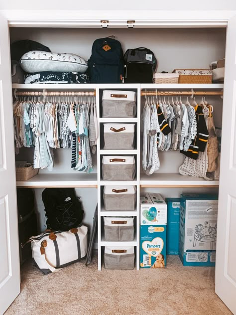 Nursery Closet Makeover Diy, Closet Organization For Nursery, Open Nursery Closet Ideas, Nursery Clothing Storage, Nursery Closet Built In, Closet Storage Nursery, Closet Organization Ideas Nursery, Storage Ideas For Small Nursery, Nursery Room Closet Ideas