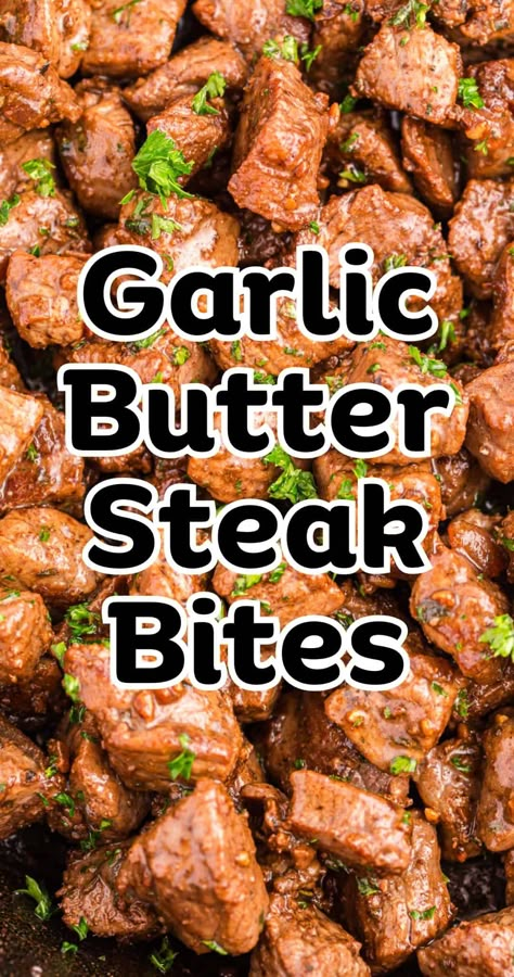 Garlic Butter Steak Bites Easy Garlic Steak Bites, Tenderloin Beef Tips Recipe, Saucy Steak Recipes, Ribeye Dinner Ideas, Butter Beef Tips, Strip Steak Dinner Ideas, Steak Garlic Butter, Steak Bites Recipes, Pot Roast Stew