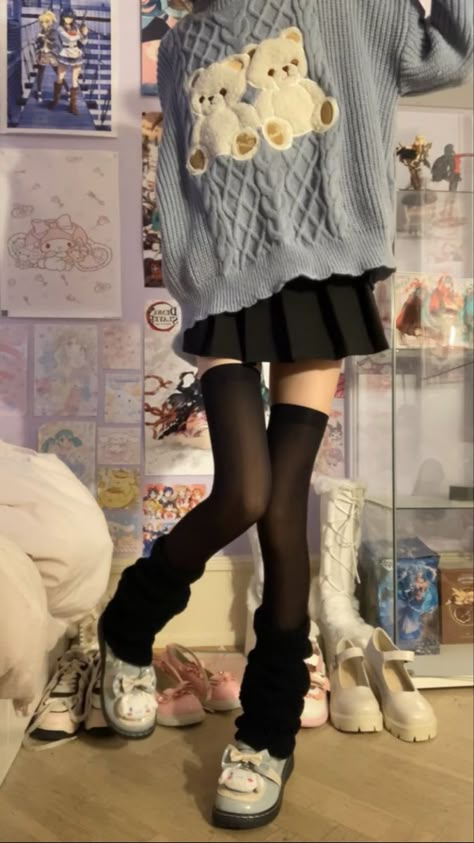 Aesthetic Black And Blue, Outfit Inspo Korean, Thigh High Socks Outfit, Black Thigh High Socks, Blue Sweater Outfit, Sanrio Outfits, High Socks Outfits, Kawaii Outfit Ideas, Clothes Streetwear