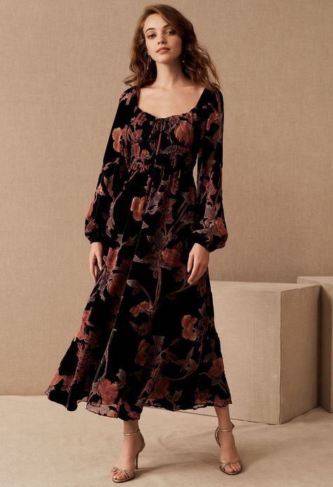 31 Fall Wedding Guest Dresses We Love - Green Wedding Shoes Long Sleeve Smocked Midi Dress, Boho Wedding Guest, Floral Velvet Dress, Wedding Guest Outfit Fall, Winter Wedding Guests, Fall Wedding Guest, Fall Wedding Guest Dress, Burnout Velvet, Boho Midi Dress