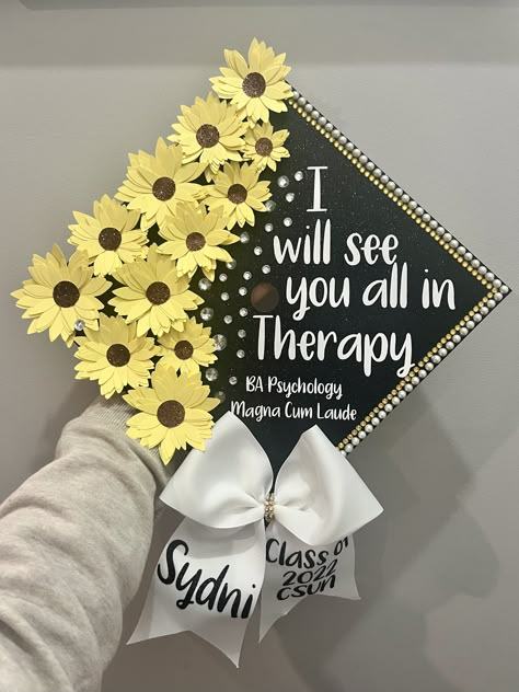 See you all in therapy glitter graduation cap See You In Therapy Grad Cap, Grad Cap Inspo Psychology, Cap Decoration Graduation College Psychology, Social Work Grad Cap Ideas, Ba In Psychology Grad Cap, Cap Decoration Graduation Psychology, Graduation Cap Designs Speech Pathology, Psychology Degree Graduation Cap, Sociology Graduation Cap Ideas