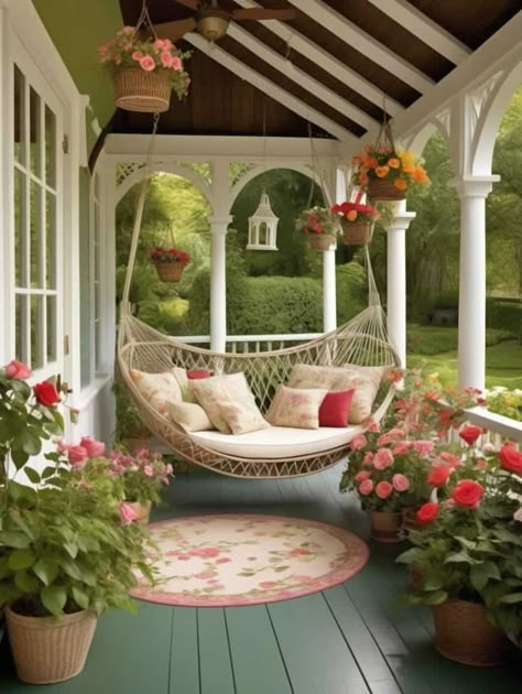 Rose Hanging Decor, Hammock Porch Ideas, Cottage House Backyard, Porch Hammock Ideas, Veranda Garden Ideas, Cottage Core Porch, Porch Reading Nook, House Porch Ideas, Porch Hammock