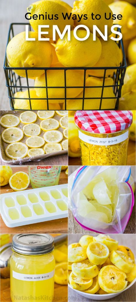 What to do with Lemons? Brilliant ideas for how to make the most out of lemons. From fresh lemon juice to freezing juice, lemon slices and even lemon zest. #lemon #lemonrecipes #lemons #natashaskitchen #lemonicecubes #preservinglemons How To Store Lemon Zest, Recipes With Lemons Healthy, Lemon Juicing Recipes, What Can I Do With Lemons, What To Make With Lemons Recipes, What To Do With Lemon Juice, Fresh Lemon Ideas, Lemon Rinds Uses, Things To Make With Lemon Juice