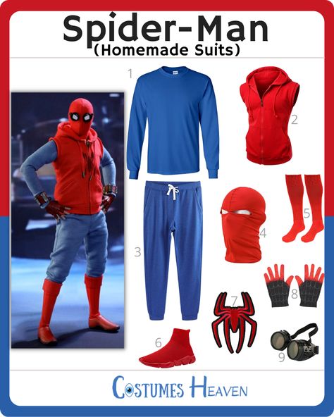 Homemade Spider Man Costume, Superhero Costume Men, Homemade Spiderman Costume, Homemade Spiderman Suit, Spiderman Costume For Boys, Spider Man Homemade Suit, Spiderman Cosplay Men, Spiderman Costume Men, Easy Marvel Costumes