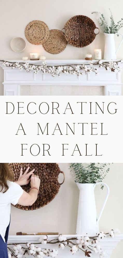 These fall decor ideas for your mantle will bring a warm cozy festive feeling into the heart of your home. Simple Ideas for decorating a mantel for fall, including baskets, candles, and pumpkins for an elegant modern, country farmhouse cottage minimalist design. Using neutral and white colors and the Chesapeake Bay candle. Easy autumn decorating steps for mantle fireplace with vintage decorations. Fall decor ideas. Living room fire place #falldecor #candles #baskets Fall Decor Ideas Living Room, Living Room Fire Place, Decorating A Mantel, Cottage Minimalist, Mantle Fireplace, Fall Mantle Decor, Chesapeake Bay Candles, Vintage Decorations, Diy Fall Decor