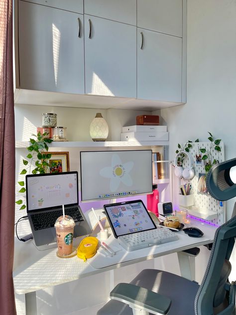 Work Set Up Aesthetic, Standing Desk Aesthetic White, Aesthetic Workspace Home Office, Mac Desk Setup Aesthetic, Desktop Set Up, Aesthetic Desk Setup, Finds Aesthetic, Office Finds, Study Desk Decor