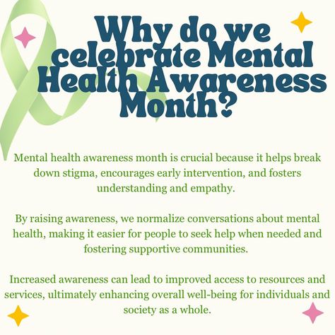 ❇️Happy Mental Health Awareness Month!❇️ Mental health awareness month is vitally important to bring a voice to the stigma and form a community that supports everyone on their mental health journey. Each week I am focusing on different aspects of mental health and how we can all benefit from fruitful conversations about it. What do you find most interesting or inspiring about mental health? 💭 • • • 🏷️: #mentalhealthawarenessmonth #mentalhealthawarenessmonth💚 #psychologyfact #psychology ... July Awareness Month, Happy Mental Health, Mental Health Month, Importance Of Mental Health, Mental Health Awareness Month, Health Journey, Psychology Facts, Health Awareness, Mental Health Awareness