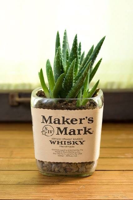 Make planters out of old bottles Liquor Bottle Repurpose, Repurposed Alcohol Bottles, Repurpose Alcohol Bottles, Repurposed Bourbon Bottles, Upcycled Alcohol Bottles, Old Liquor Bottle Ideas, Repurpose Liquor Bottles, Bourbon Bottle Crafts, Liquor Bottle Decor