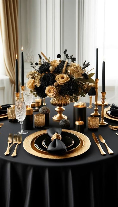 Go green with these 21 eco-friendly table decor ideas. Sustainable and stylish for every occasion! 🌿 --- Elegant black and gold table decor idea with a black tablecloth, gold candlesticks, and a centerpiece of black and gold flowers. The table is adorned with gold-rimmed plates, black napkins, and crystal glasses. The place settings include gold flatware and black napkin rings. Party Table Centrepiece Ideas, Gold And Black Party Centerpieces, Masquerade Party Centerpieces Table Decorations, Black Gold Table Setting, Centerpieces Black And Gold, Black And Gold Party Ideas, Black And Gold Table Centerpieces, Black And Gold Table Setting, Black And Gold Centerpieces