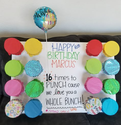 16th birthday punch box 16th Birthday Gifts For Best Friend, 16 Birthday Presents, Boy 16th Birthday, Homemade Birthday Gifts, Surprise Birthday Decorations, Countdown Gifts, Birthday Morning Surprise, Birthday Morning, Gifts For Best Friend