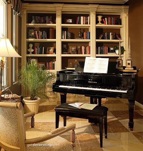 Music/Sitting Rooms @ http://www.getdecorating.com/music_rooms.cfm?profile=21364=1=1 Piano Room Design, Grand Piano Room, Piano Rooms, Library Music Room, Piano Room Decor, Piano Living Rooms, Home Library Rooms, Piano Decor, Home Music Rooms