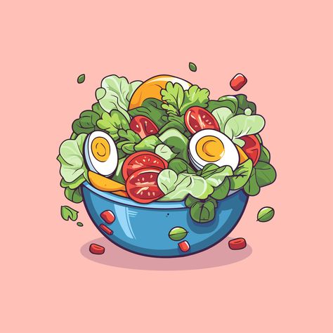 Meal Drawing Food Illustrations, Food Icon Illustration, Food Animation Art, Food Illusion, Meal Drawing, Food Cartoon Illustration, Salad Logo, Salad Illustration, Salad Drawing