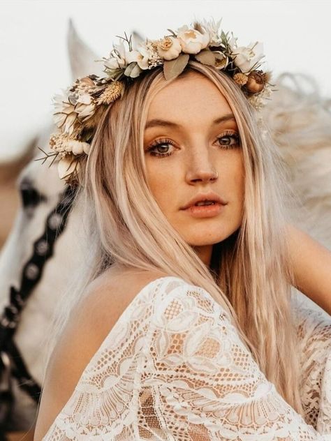 Winter Baptism, Norse Wedding, Bohemian Makeup, Autumnal Flowers, Veil Alternative, Boho Wedding Makeup, Boho Makeup, Wedding Flower Crown, Bride Hairstyle