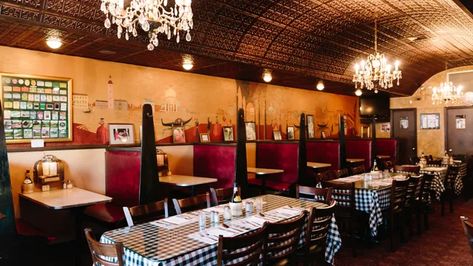 Welcome to Red Sauce America | Bon Appétit Italian Restaurant Decor, Cameron Aesthetic, Bistro Cafe Design, Drawing Interior Design, The Unhoneymooners, Pressed Tin Ceiling, Pasta Restaurant, Italian American Food, Styling A Bookcase