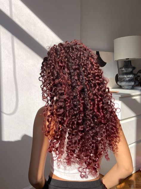 Red Color On Curly Hair, Deep Red Hair Color Curly, Curly Red Hair Highlights, Burgundy Curly Hair Highlights, Cherry Red Curly Hair Black Women, Dark Red Hair Curly Natural, Dark Red Highlights Curly Hair, Deep Cherry Red Hair Curly, Red Curly Highlights