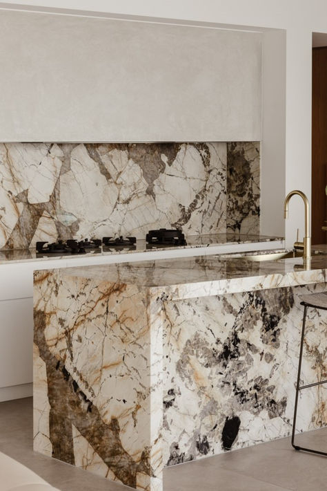 Marble bench-waterfall kitchen island bench Marble Island Bench, Bold Kitchen Ideas, Patagonia Kitchen Island, Statement Marble Kitchen, Natural Stone Kitchen Island, Bold Countertop Kitchen, Kitchen Stone Benchtop, Statement Kitchen Island, Marble Benchtop Kitchen