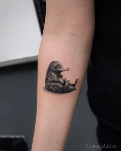 Harry Potter Niffler Tattoo, Niffler Tattoo Design, Fantastic Beasts Tattoo Ideas, Harry Potter Tattoos Color, Fantastic Beasts Tattoo, Niffler Tattoo, Slytherin Tattoo, Harry Potter Tattoo Sleeve, Harry Potter Sleeve