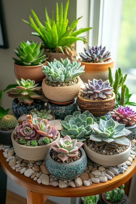 Create a stunning succulent and cactus indoor garden! Discover care tips for thriving growth! #IndoorPlants #Succulents Succulent Garden Aesthetic, Potted Succulent Garden, Succulents Balcony, Succulent Display Ideas, Succulent Terrarium Ideas, Succulents Aesthetic, Indoor Succulent Garden, Indoor Cactus Garden, Cactus Garden Design