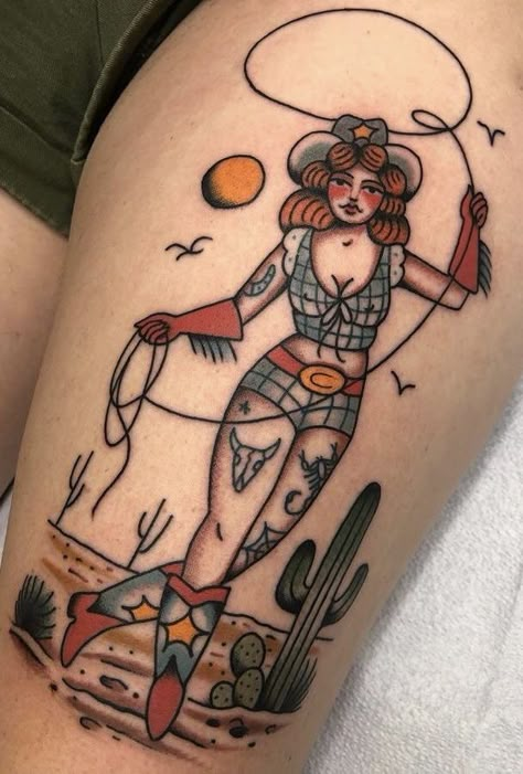 Trad Cowgirl Tattoo, Cowboy Pinup Tattoo, Traditional Cowgirl Pinup Tattoo, Traditional Gunslinger Tattoo, Western American Traditional Tattoo Sleeve, Classic Pinup Tattoo, Neo Traditional Cowgirl Tattoo, Cowgirl American Traditional Tattoo, Vaquera Tattoo