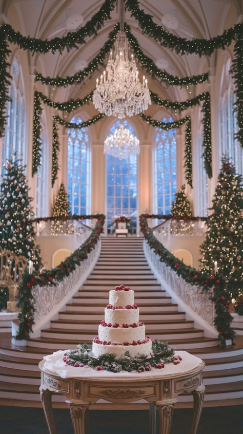 Luxurious Christmas-themed wedding venue with decorated staircase, crystal chandeliers, white cake, and twinkling fairy lights Wedding Ideas Christmas Theme, Modern Winter Wedding Decor, Russian Winter Wedding Theme, Victorian Christmas Wedding Theme, Red And White Christmas Wedding, White Christmas Wedding Ideas, Christmas Wedding Venue Ideas, Christmas In July Wedding Theme, Elegant Christmas Wedding Ideas