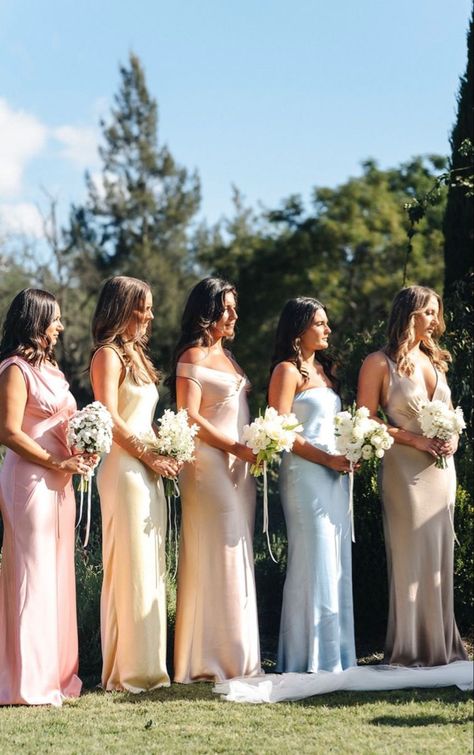 Spring Garden Bridesmaid Dresses, April Wedding Colors Bridesmaid Dress, Abroad Bridesmaid Dresses, Colorful Silk Bridesmaid Dresses, Different Color Pastel Bridesmaid Dresses, Womens Suits Bridesmaid, Spring Pastel Wedding Ideas, Summer Bridesmaid Dresses Colors Shades, Mia Matched Bridesmaid Dresses