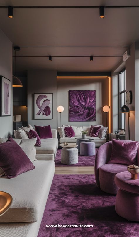 Purple Carpet Living Room, Purple Living Room Aesthetic, Lavender Living Room Decor, Violet Living Room, Purple Kitchen Designs, Purple Ceiling, Purple Living Room Ideas, Deco Violet, Purple Bathroom Decor