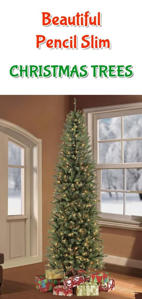 Best Pencil Slim Christmas Trees | Stunning green, white, tinsel or flocked slim Christmas trees that are perfect for corners, staircases, small rooms/apartments and everywhere else you need easy Christmas decorations. Pencil Trees Decorating Ideas, White Pencil Christmas Tree, Slim Christmas Trees, Decorate Christmas Tree, White Tinsel, Fake Christmas Trees, Happy Christmas Day, Slim Tree, Slim Christmas Tree