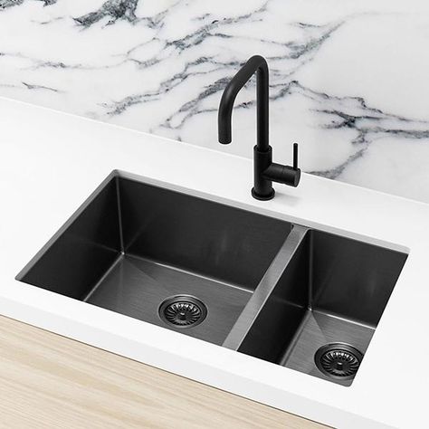 Buy Meir Double Bowl PVD Kitchen Sink in Brushed Gun Metal Online — The Blue Space Kitchen Tapware, Stainless Steel Double Bowl Kitchen Sink, Diy Laundry Basket, Black Kitchen Sink, Sinks Kitchen Stainless, Bathroom Gallery, Double Bowl Kitchen Sink, Double Bowl Sink, Sink Strainer