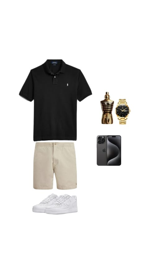 Black Polo Outfit Men, Black Polo Outfit, Beige Shorts Outfit, Polo Outfit Men, Polo Ralph Lauren Outfits, Black Shorts Outfit, Men's Summer Outfit, Mens Smart Casual Outfits, Polo Outfit