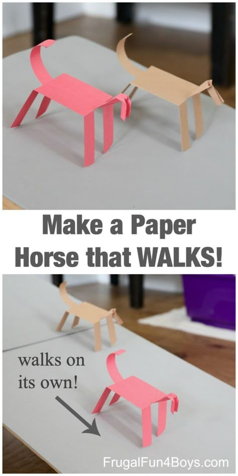 Make a Paper Horse that WALKS! - Frugal Fun For Boys and Girls Arts And Craft Activities For Middle School, Paper Horse That Walks, Walking Paper Horse Craft, Walking Horse Craft, Walking Paper Animal, Stem Paper Challenge, Stem With Paper, Horse Stem Activities, Quick And Easy Stem Activities