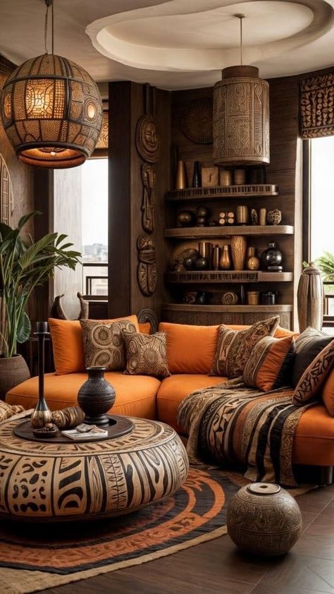 African Style Living Room, Bedroom Ideas Lights, Afrohemian Decor, African Decor Living Room, African Living Rooms, African Room, Afro Bohemian, Afro Boho, Afrocentric Decor