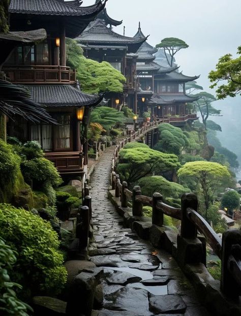 Japan Houses Aesthetic, Asian Buildings Architecture, Japanese Buildings Traditional, Japan Nature, Japanese Buildings, Japanese Garden Landscape, Japanese Village, China Garden, Asian Landscape