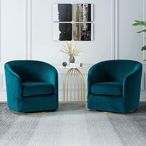 Amazon.com: HULALA HOME Swivel Accent Chair with Gold Metal Base, Set of 2 Contemporary Velvet Curved Swivel Barrel Chair, Upholstered Club Armchair, Leisure Single Sofa for Living Room, Nursery, Bedroom(Green) : Home & Kitchen Luxury Chair Design, Cocktail Room, Bedroom Teal, Accent Living Room, Teal Living Rooms, Kitchen Coffee Bar, Upholstered Swivel Chairs, Accent Chair Set, Club Armchair