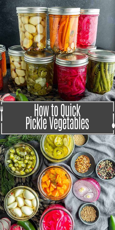 Pickled vegetables are a staple at every meal. This quick pickle recipe will show you how to pickle any vegetable you want in no time at all. We'll show you how to make quick pickled vegetables with a basic pickling brine recipe and lots of options for pickled vegetables recipes. Basic Pickling Brine Recipe, Pickling Brine Recipe, Pickled Veggies Recipe, Pickling Brine, Pickle Vegetables, Quick Pickle Recipe, Pickled Celery, Quick Pickled Vegetables, Quick Pickle